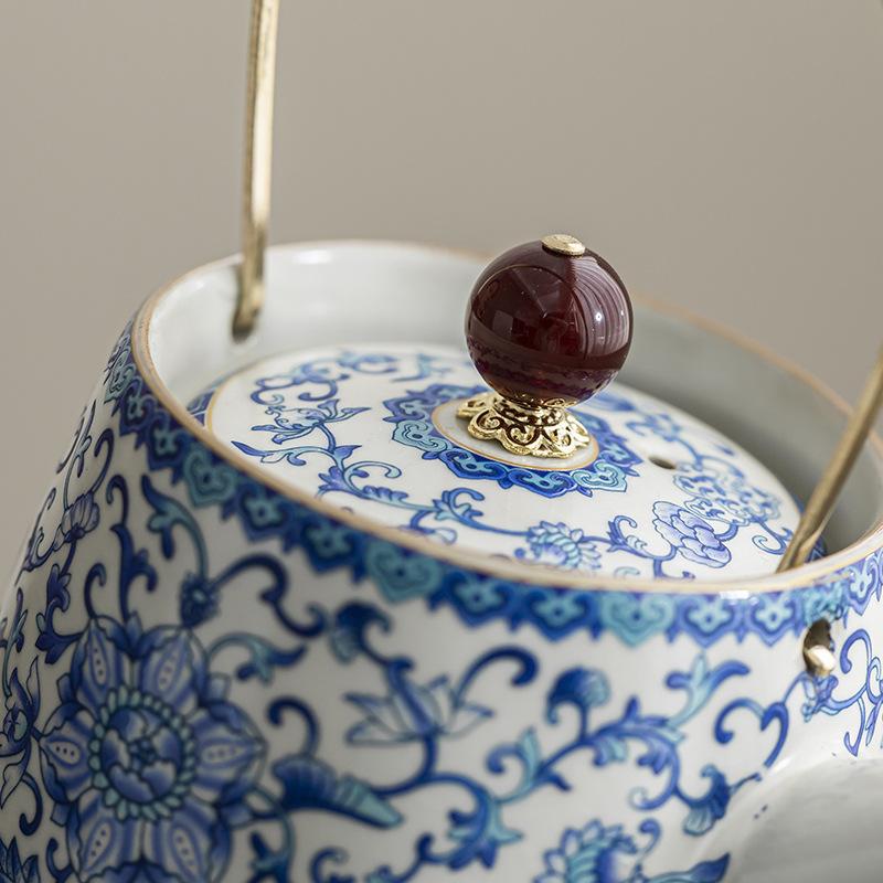 Beige Ru Kiln Teapot Household Brewing Teapot Kung Fu Tea Set Retro Single Pot Filter Beam Pot High-grade Blue and White