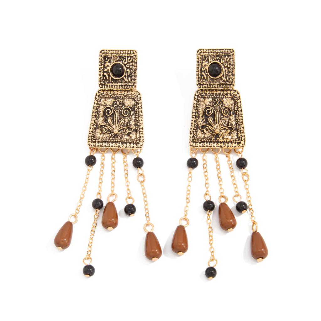 Salircon Vintage Geometric Engraved Flower Tassel Drop Earring Woman  Trendy Charm Square Metal Pendant Earring Jewelry Gift