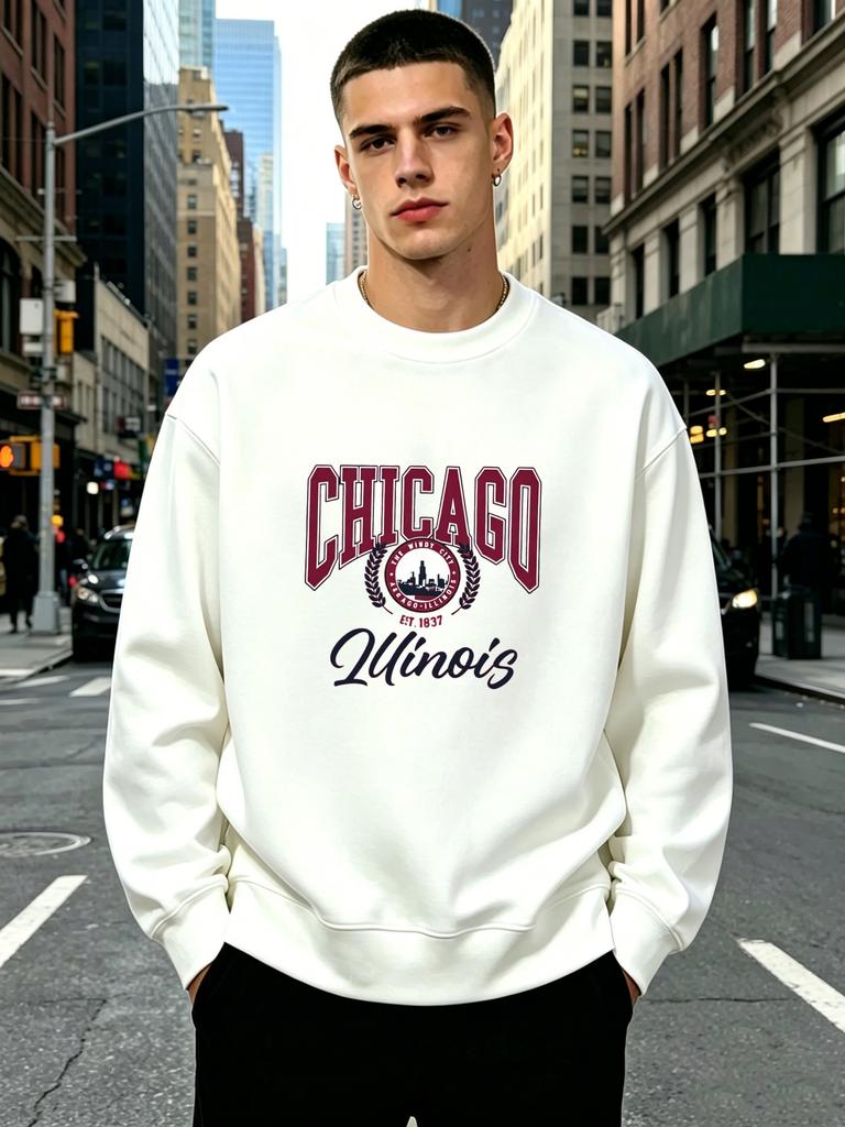 Men's Crew Neck Long Sleeve Sweatshirt, Vintage CHICAGO Illinois City Emblem Letter Graphic Pullover, Soft Loose Breathable Casual Sweat Top