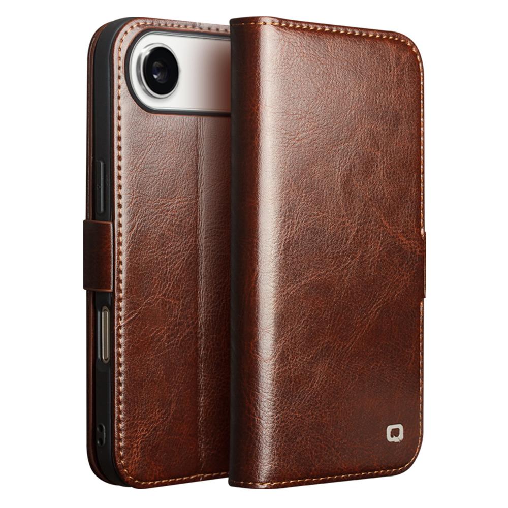 

QIALINO For iPhone 17 Air Case with Card Holder Genuine Cow Leather Stand Phone Cover Brown