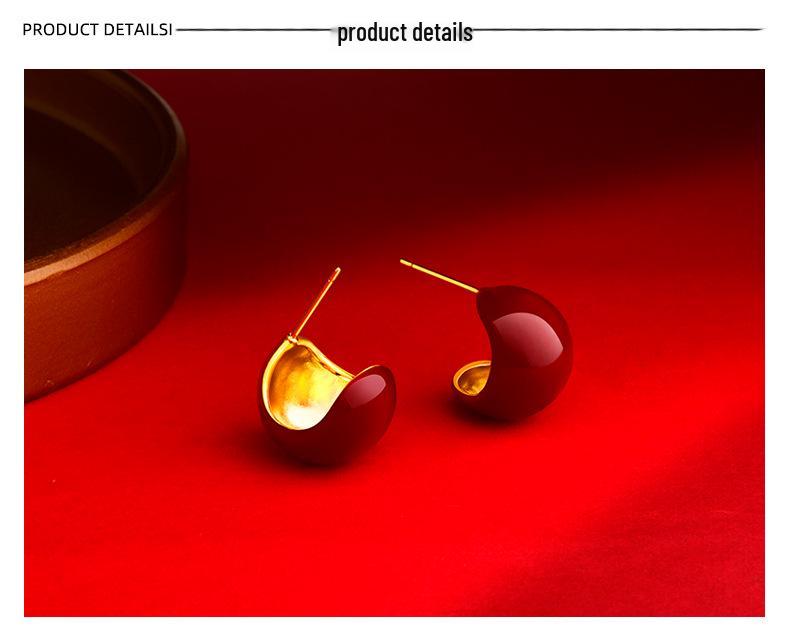 Boucles d'oreilles à clous de Noël rétro bordeaux pour femmes - Design élégant en métal de style Hong Kong