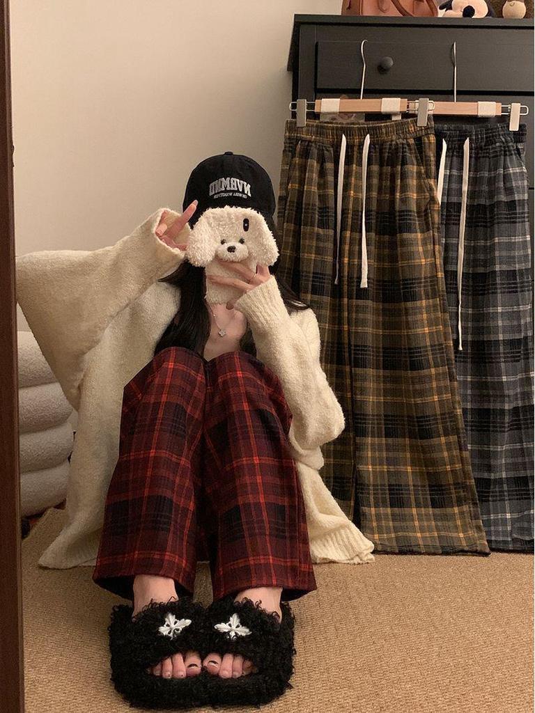 Women's Korean Style High Waist Plaid Wide Leg Pants - Retro, Loose, and Slimming for Spring & Autumn