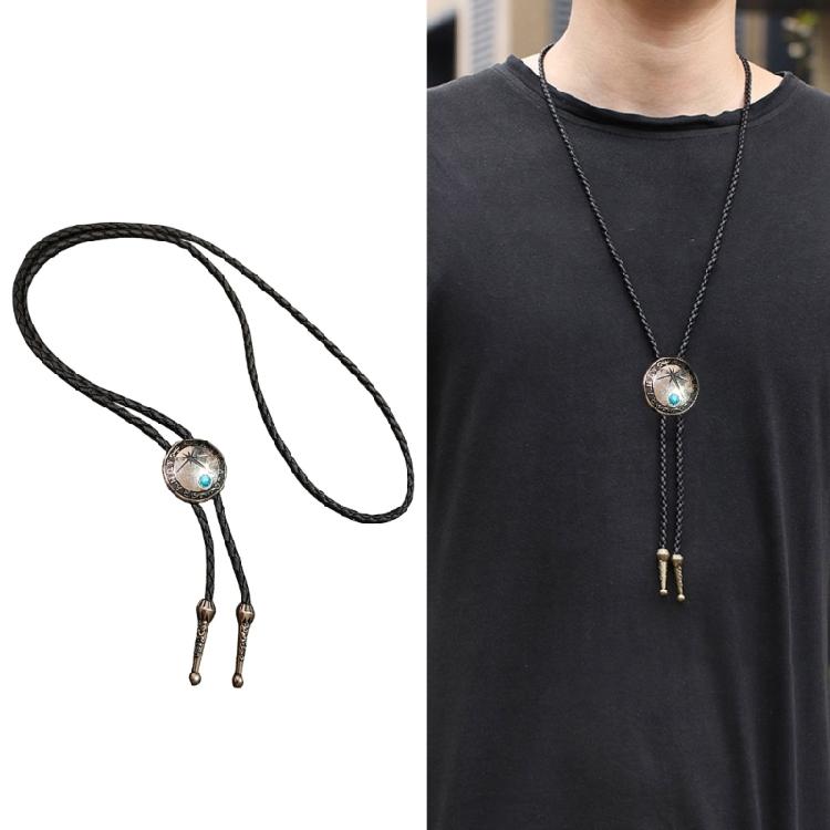 Western Shoestring Necktie Braided Belt Tie Cool Charm Engraved Stone Pendant for Women Men