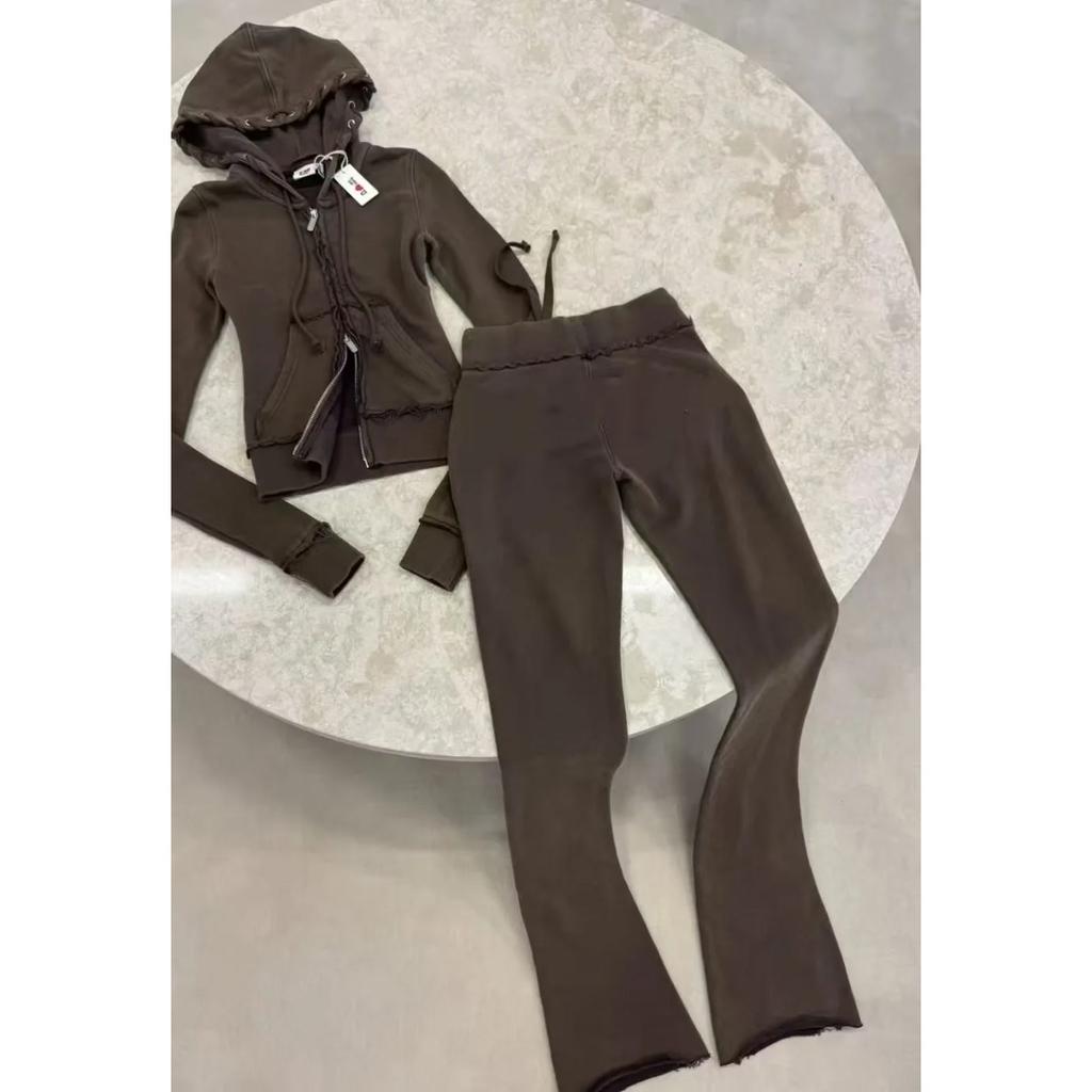 2KWEIRD Autumn Winter Casual Sports Solid Color Splicing Knit Hoodie 2 Piece Sets Woman Outfit Pantsuits