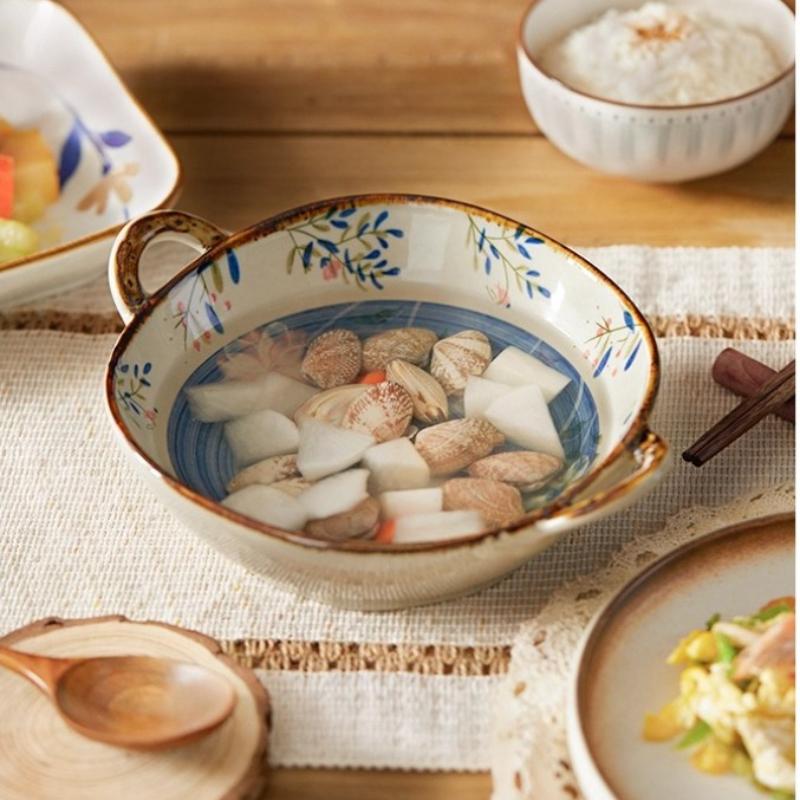 Keramická polévková mísa v japonském stylu s uchem 800 ml, Květinová servírovací mísa s podglazurní barvou na dušené maso, těstoviny, cereálie, Vhodná do mikrovlnné trouby a trouby, 1 ks