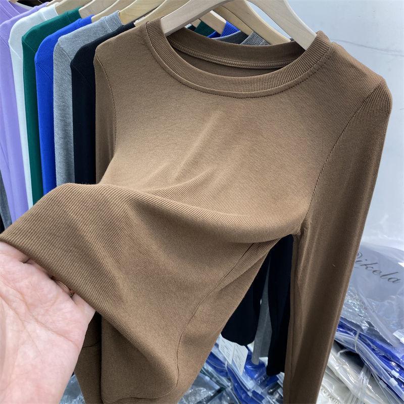 European O-neck Solid Color Long Sleeve T-shirt  Spring New Fashionable Versatile Elastic Bottom Shirt Top