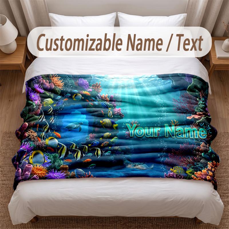 Fish Ocean Theme Soft Blanket Personalized Custom Name Text Print Warm Blanket Home Sofa Bedroom Decor