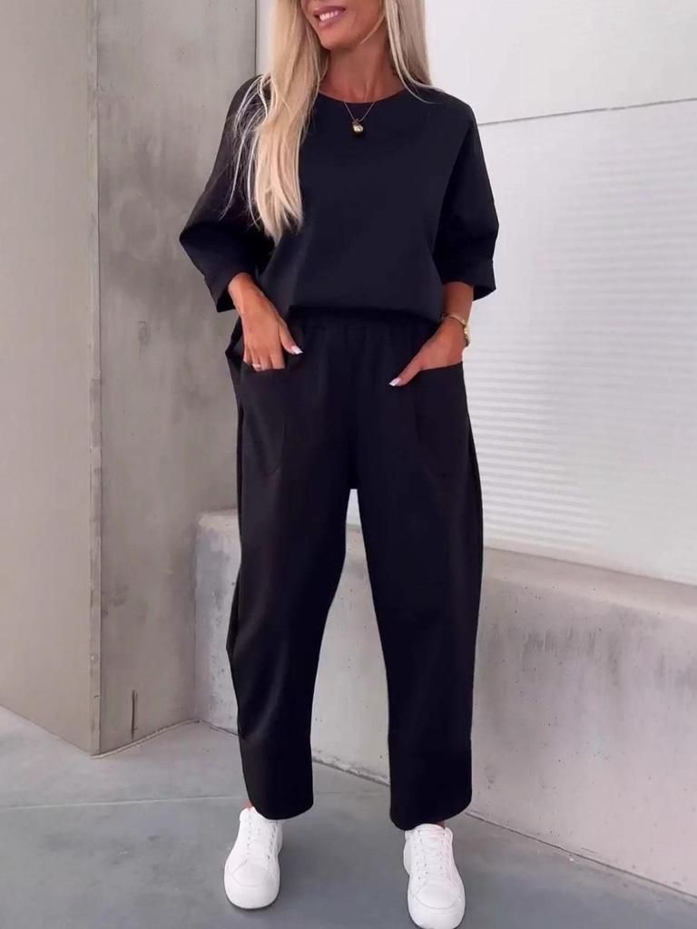 2025 European & American Women's Autumn Two-Piece Set: Casual Loose Solid Color Crew Neck Top & Nine-Point Pants