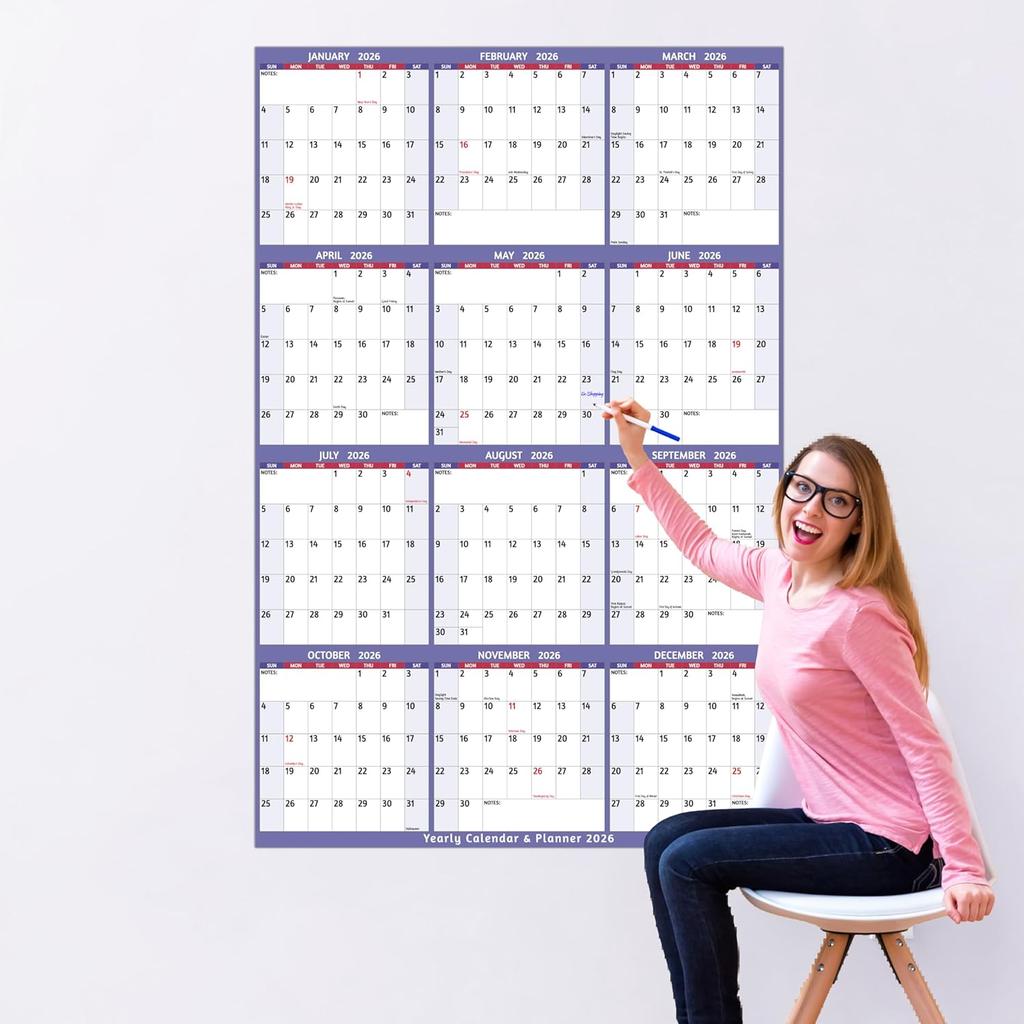 2026 Dry Erase Calendar – Large Yearly Wall calendar 2026, 38.2'' x 25.2'', 2-Side Reversible Calendar 2026, Vertical/Horizontal, Jan 2026 – Dec