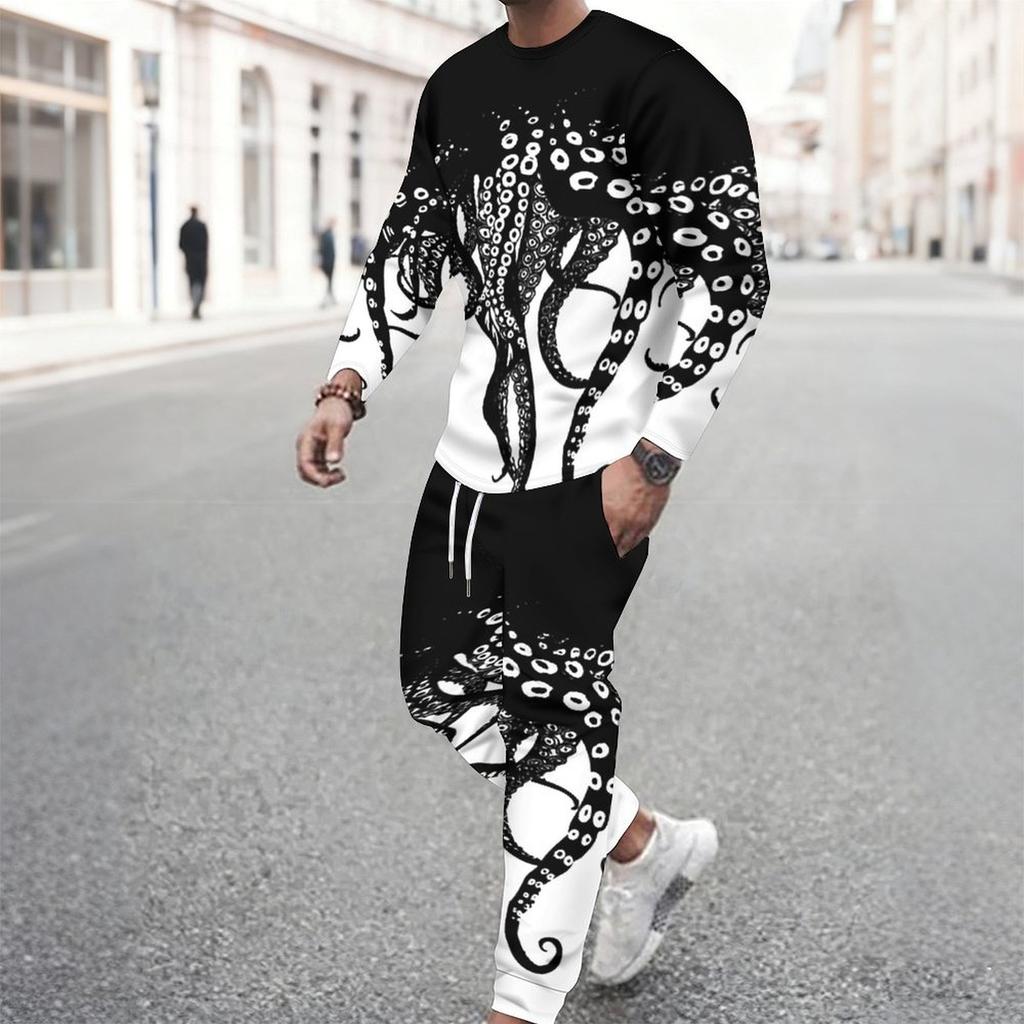 Men Black Cyan Brush Stroke Drip Gradient Print Long Sleeve Sweatshirt Jogger Pants Two Piece Suit