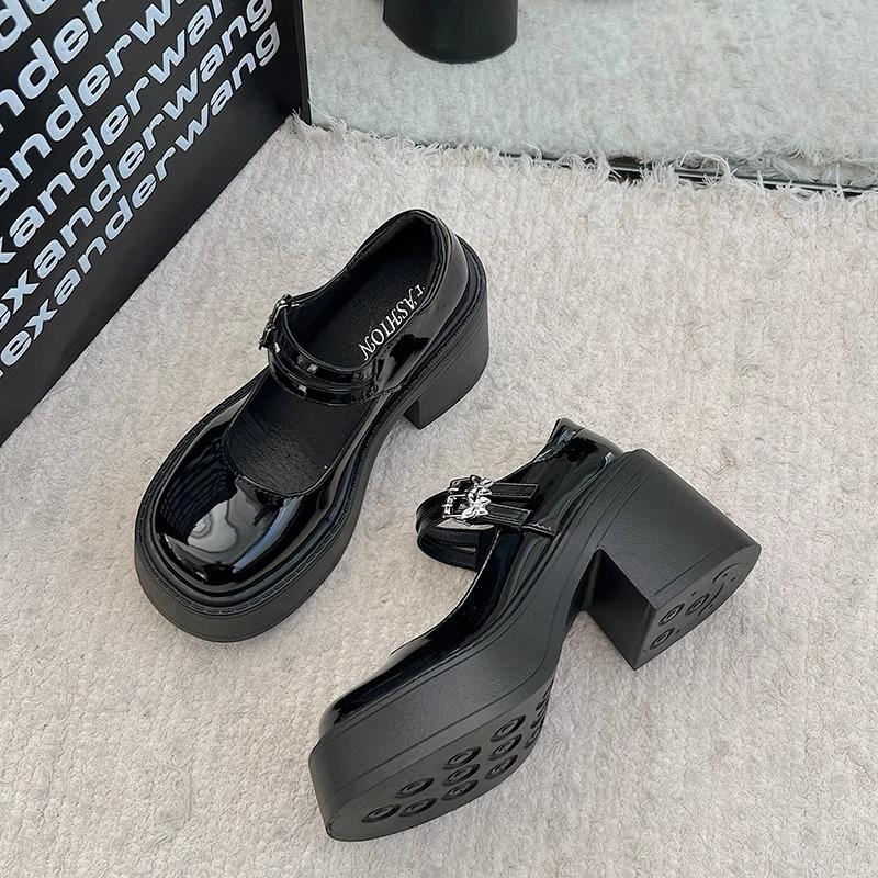 

Туфли Мэри Джейн на толстой подошве из маленькой кожи женские 2025 весна и лето новые с ремешком на одной пряжке, с круглым носком, в стиле ретро, на толстом каблуке, на высоком каблуке, одинарные туфли 35 чёрный