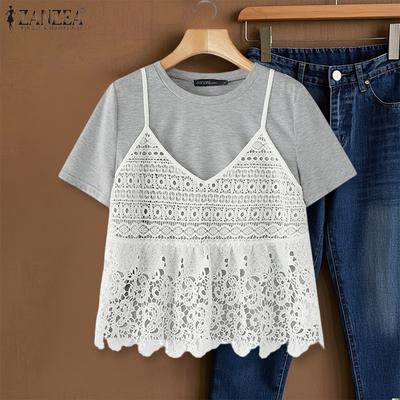 Women Casual Lace Patchwork Fake Two Piece Short Sleeve T-Shirts