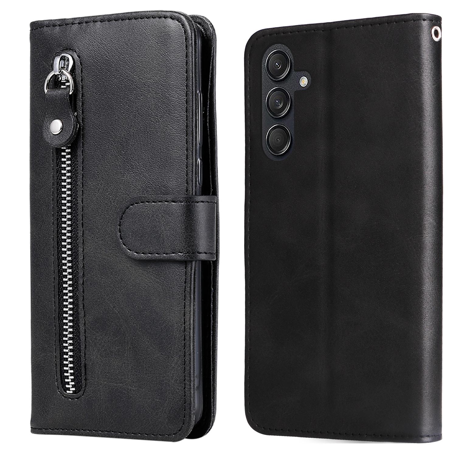 

For Samsung Galaxy M55 5G/C55 5G/F55 5G Case Calf Texture Zipper Pocket Wallet Mobile Phone Cover Black