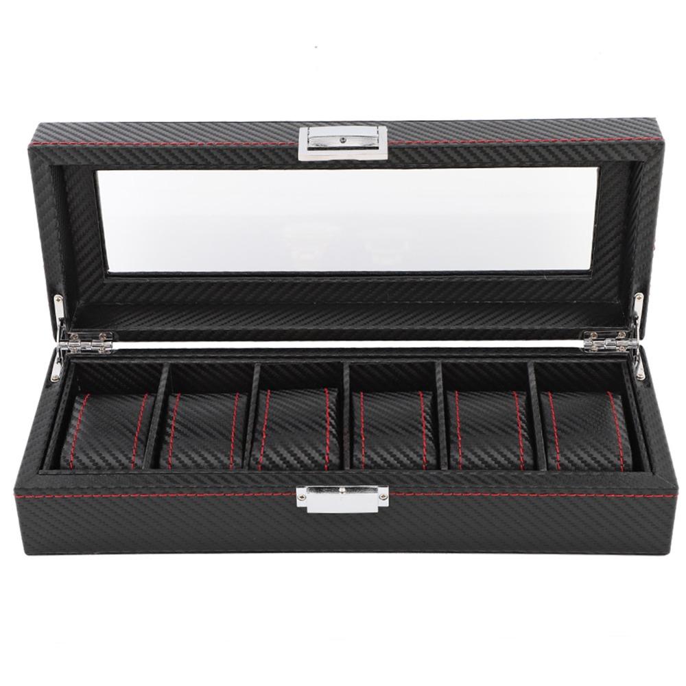 Sturdy Carbon Fiber Watch Box Transparent Window Red Line Watch Storage Luxury 6 Slots Watch Case Jewelry Organize