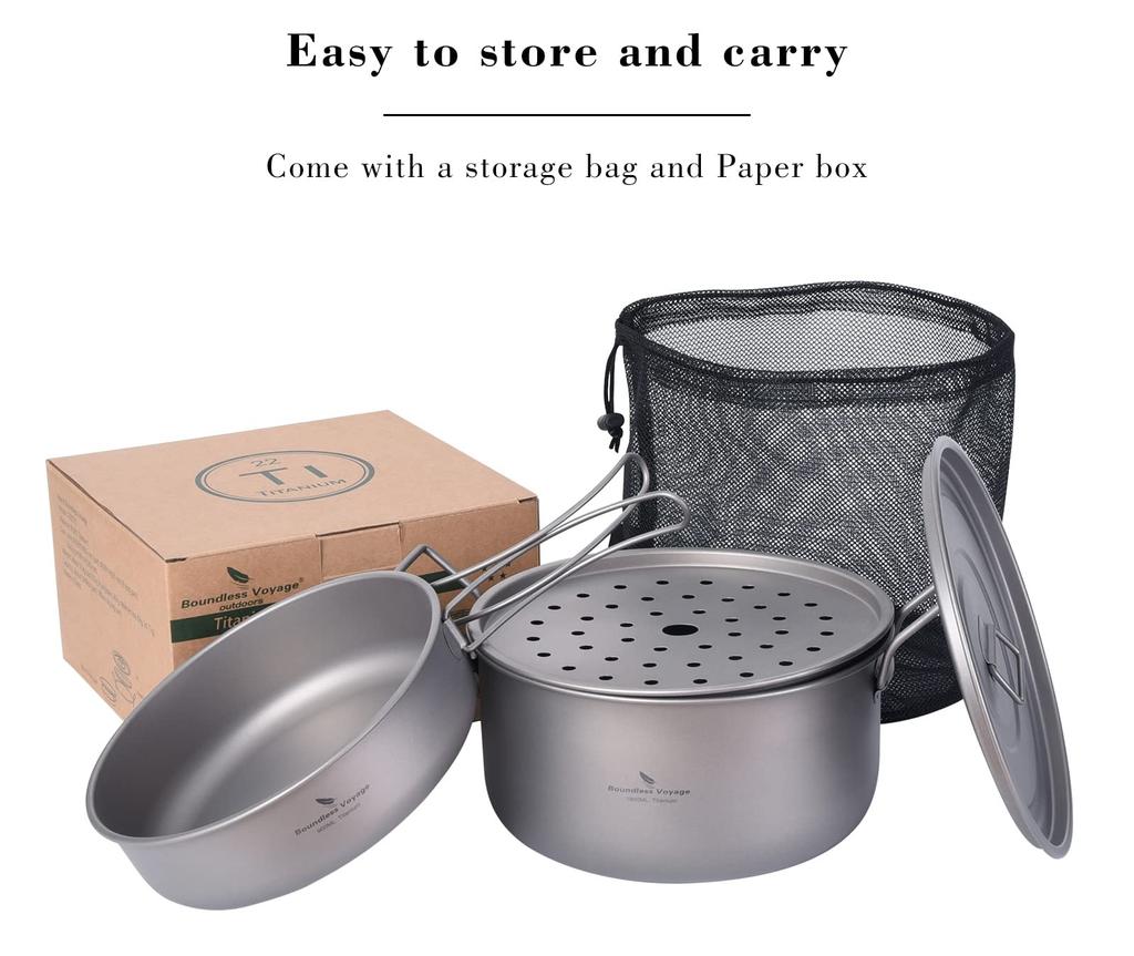 Boundless Voyage Titanium Braten Dampfgarer Multifunktionskocher Outdoor Camping Braten Dampfgarer Leichtes Camping 513g Ti2057C Zweihandtopf, Pfanne,