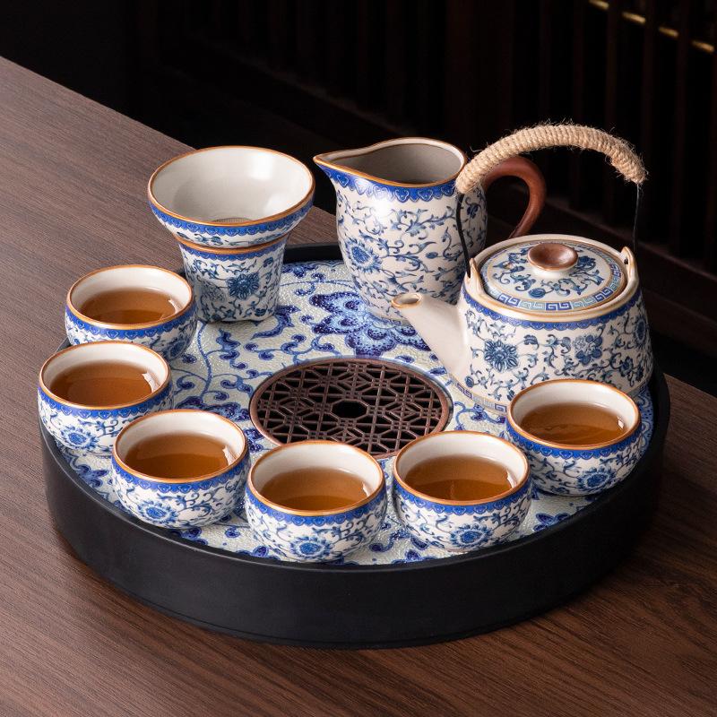 Neues Ru-Brennofen Kung Fu Tee-Set Teetisch Ein komplettes Set für Zuhause/Büro Keramik Teekanne Teetasse Tee Tablett Set