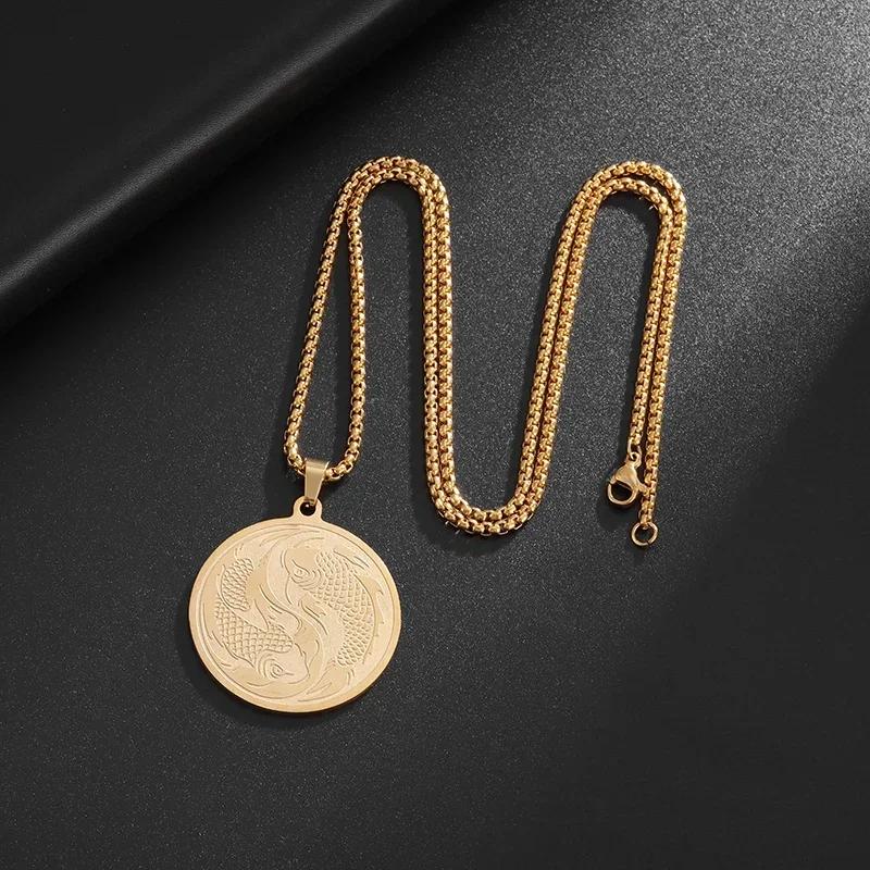 Fashion Hip Hop Stainless Steel Double Koi Fish Medal Pendant Necklace for Men and Women Fashion Lucky Jewelry Gift