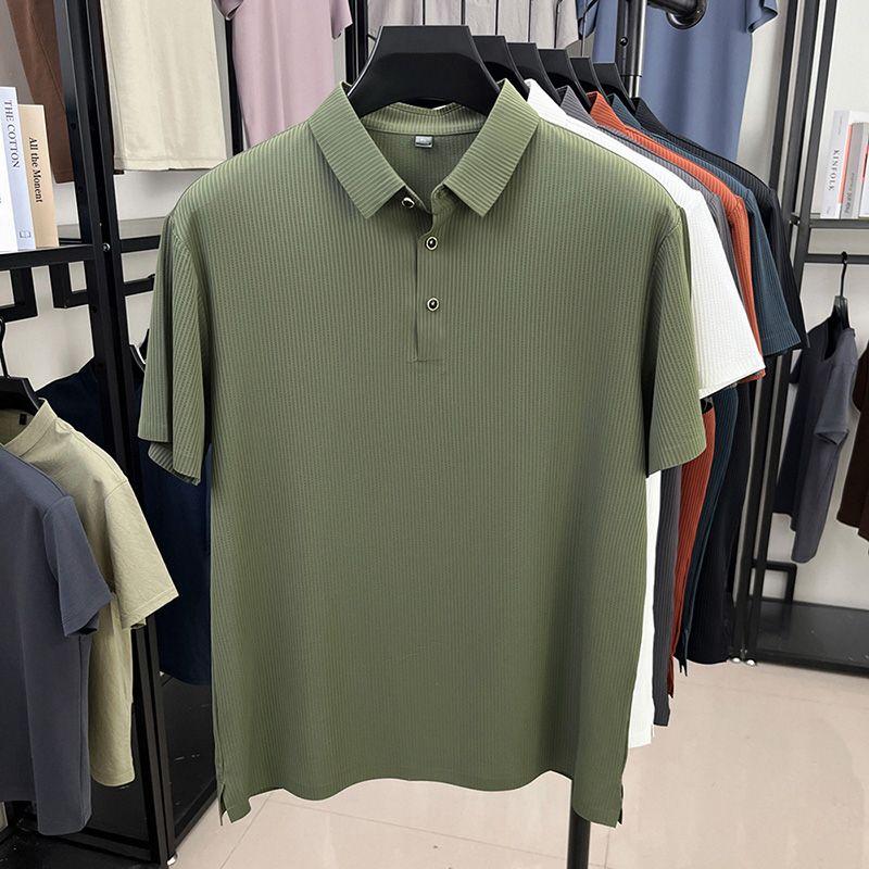 Men's Ribbed Polo Shirt Short Sleeve Solid Color Casual Collared Top for Daily