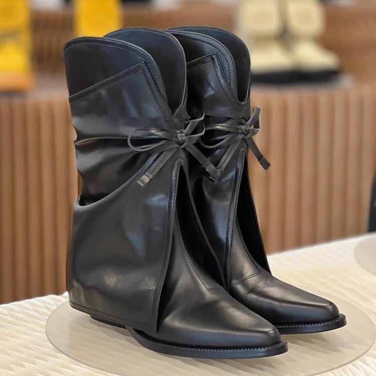 

Fashion 2024 Autumn/Winter New Pointed Bowknot Western Cowboy Boots European American Women s Slipsole Chelsea Mid-calf Skirt Boots 35