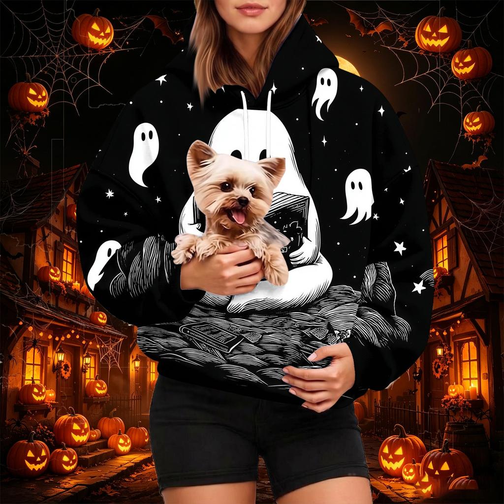 Women's Fashion Halloween Print Hoodie with Pet Pocket, Casual Pullover Sweatshirt for Fall