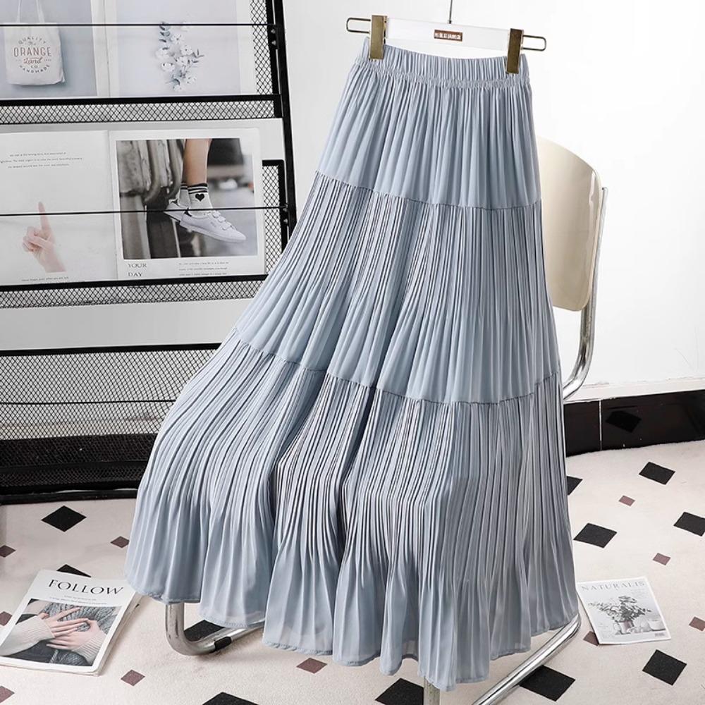 DIMANAF 2026 Summer Women New Skirts Chiffon Solid Elastic Waist Pleated Mesh Elegant Skirts