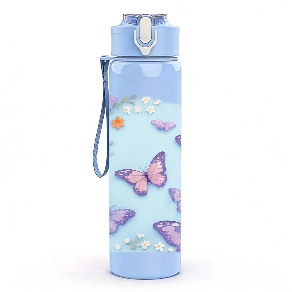 1PC Soft Pastel Butterfly Cloud Pattern Print 750ml Color Plastic Sports Water Bottle Leakproof Flip Straw Lid Suitable for Sports Office Home Use