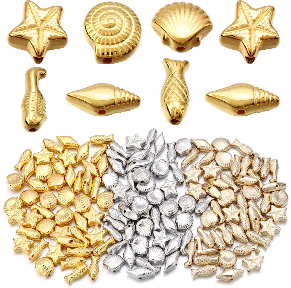 Apx 65pcs/lot CCB Ocean Series Beads Gold Color Conch Fish Charm Bead for DIY Necklace Bracelet Jewelry Making Findings