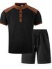 Men's Summer Plaid Stand Collar Short Sleeve T-shirt & Shorts Set