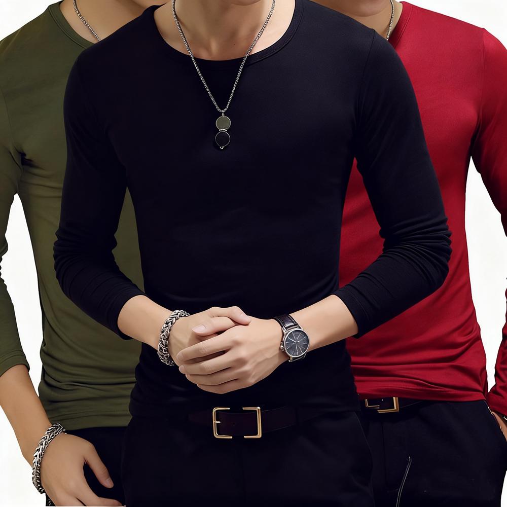 Men's Fashion Casual Slim Fit Long Sleeve T-Shirts Lightweight Solid Color O/V Neck Cotton T-Shirts Blouse