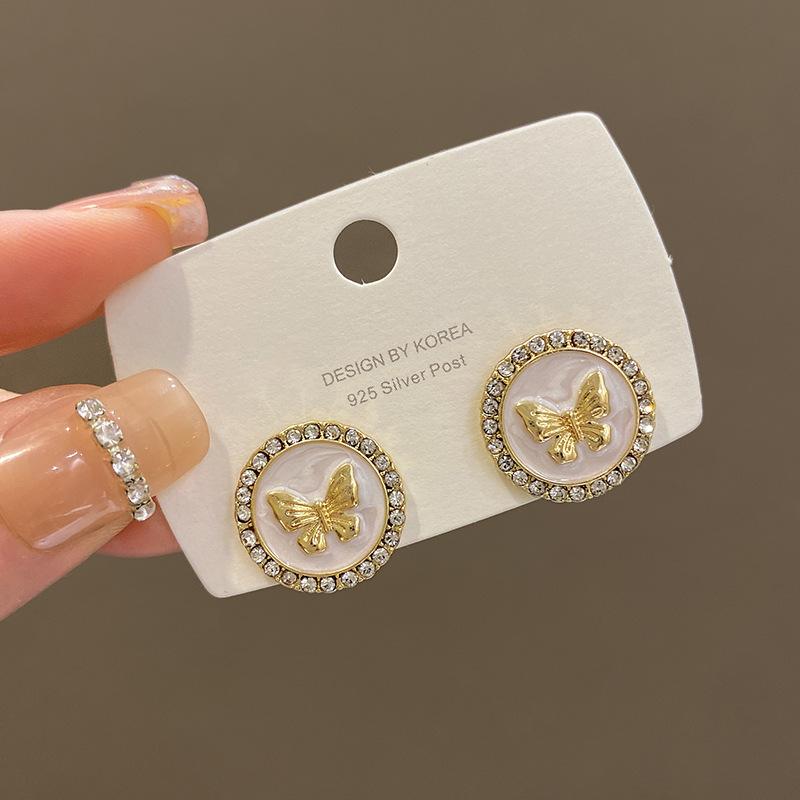 Silver needle high-end diamond-set butterfly earrings women s light luxury niche disc stud earrings Korea Dongdaemun ear