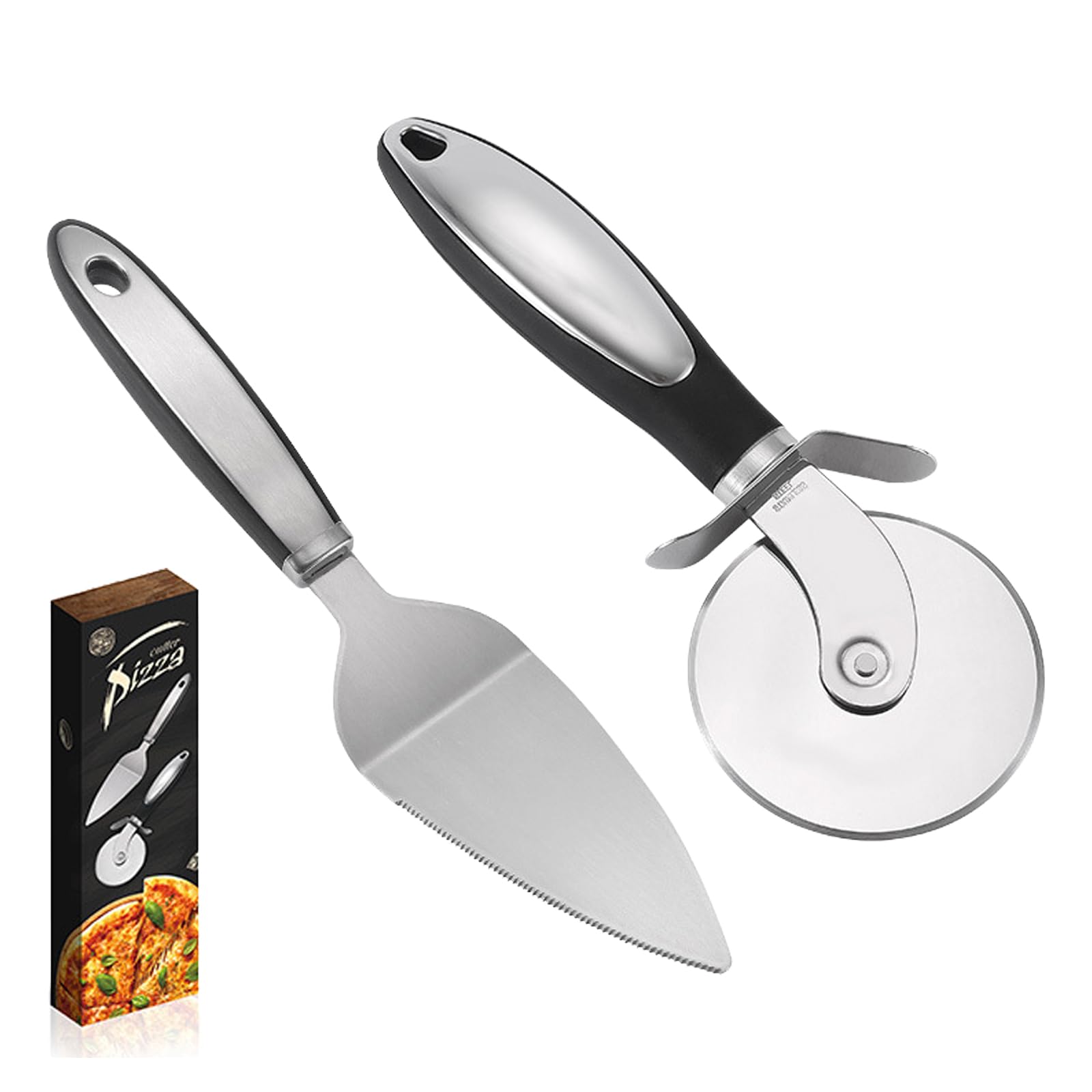 Aquafix Pizza Cutter Stainless Steel Pizza Cake Pie Pizza Cutter with Finger Easy to Dishwasher for Use 2-Piece Set Knife, Server, Server,