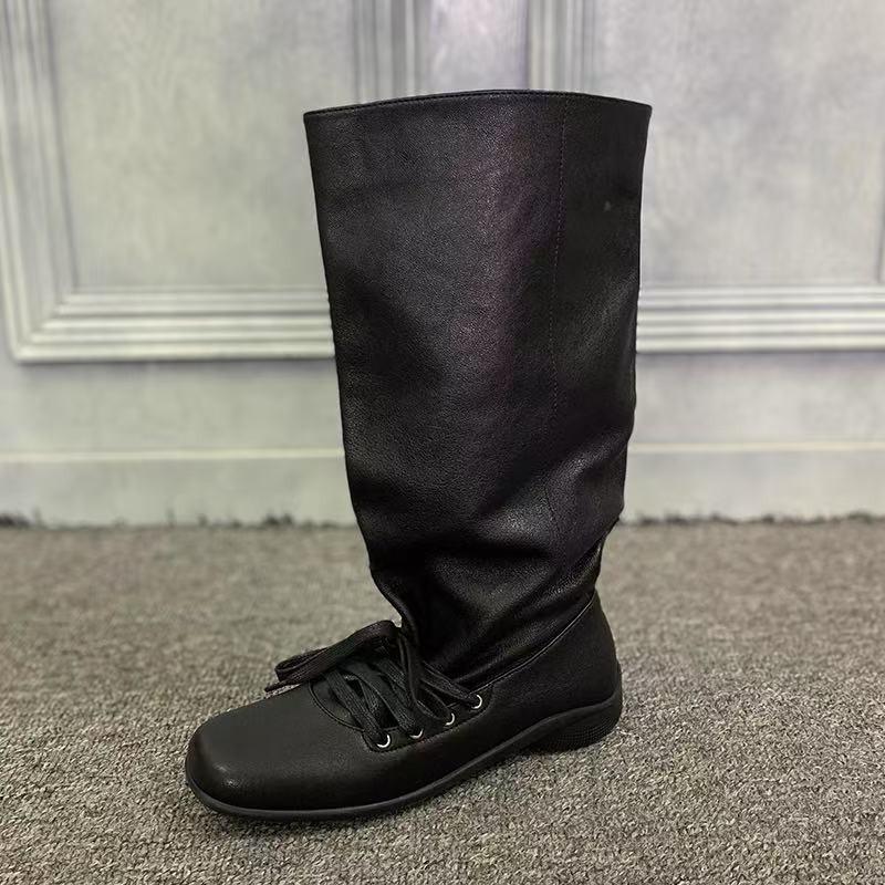 Módní kozačky do půli stehen Podzimní Nové Kulatá špička Rukáv Šněrování vpředu Měkká podrážka Odolné proti opotřebení Nízký podpatek Boty