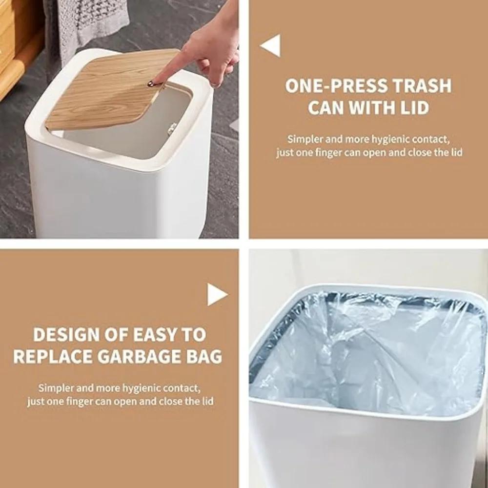 Trash Can with Lid Press Dustbin for Living Room Toilet Bathroom Kitchen Garbage Bucket High Foot Imitation Wood Rubbish Can