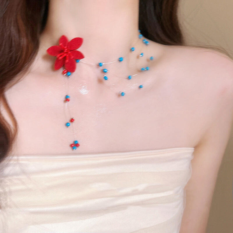 Fashion Blue Beaded Flower Necklace for Women Girls Sweet Cool Handmade Beaded Tassel Necklace Aesthetic Jewelry Gifts