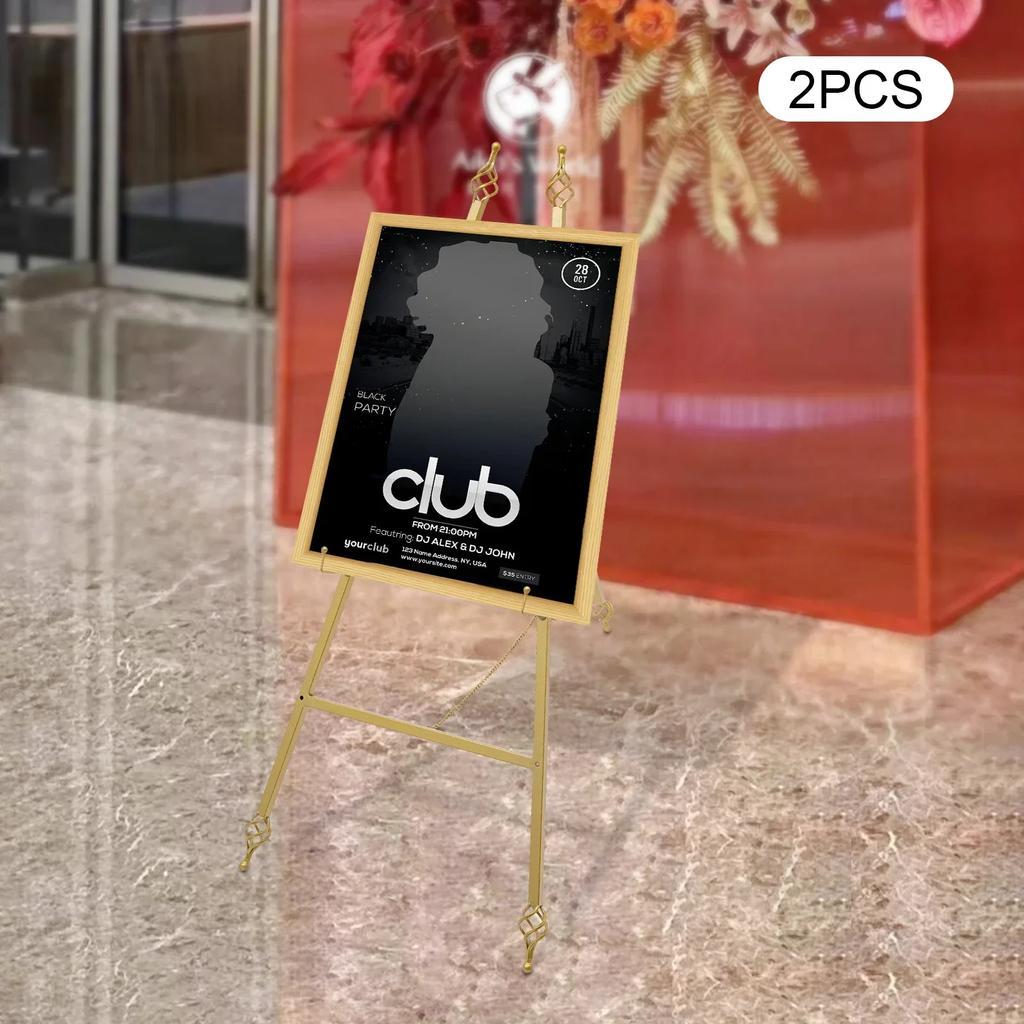 2-Pack Gold Steel Easel Stands with Adjustable 60cm Chain, 10kg Load Capacity, Easy Assembly