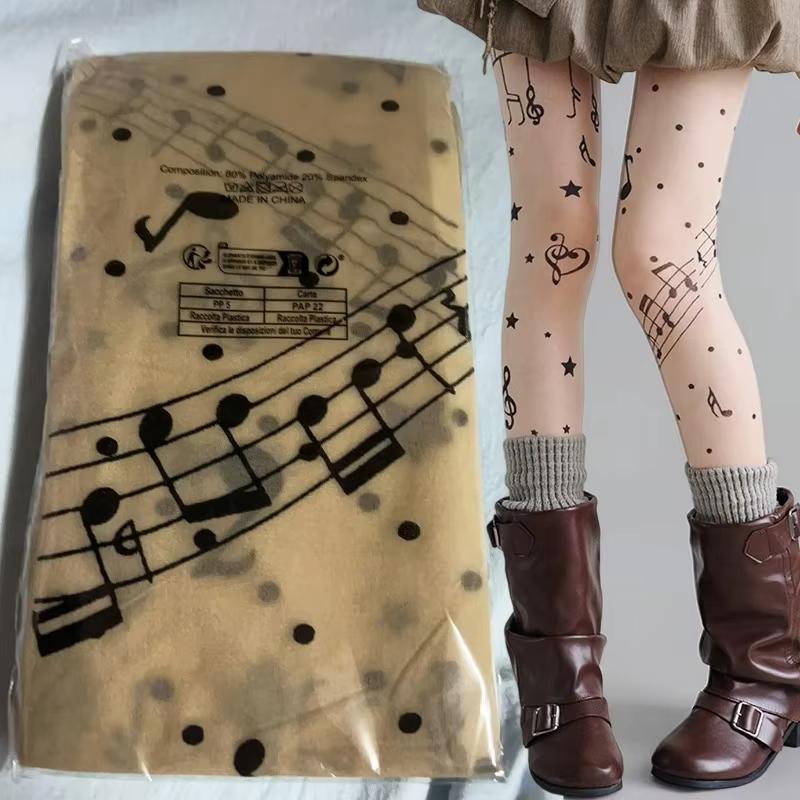Yiran Sexy Lingerie Women's Black New Musical Note Print Stockings Nightclub Sexy Mesh Sheer Tights Symbol Lolita Tights Y2k Silk Pantyhose Hosiery Cm