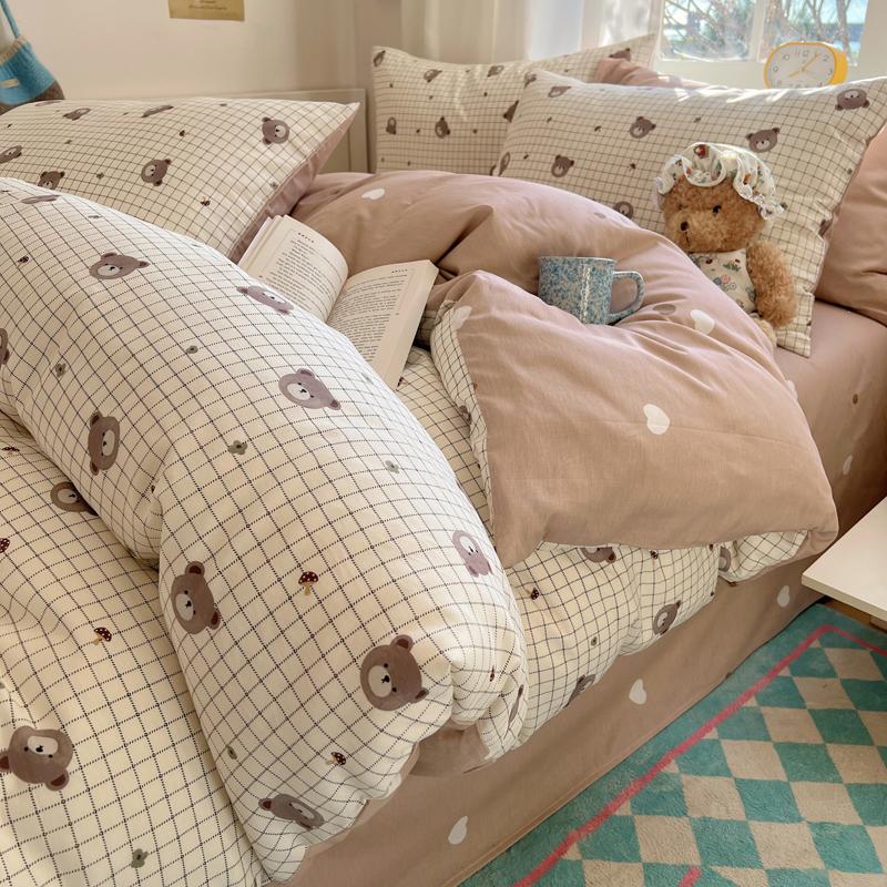 Sleeping Grid INS Age Reducing Cute Cartoon Style 40 Count Cotton Four Piece Set