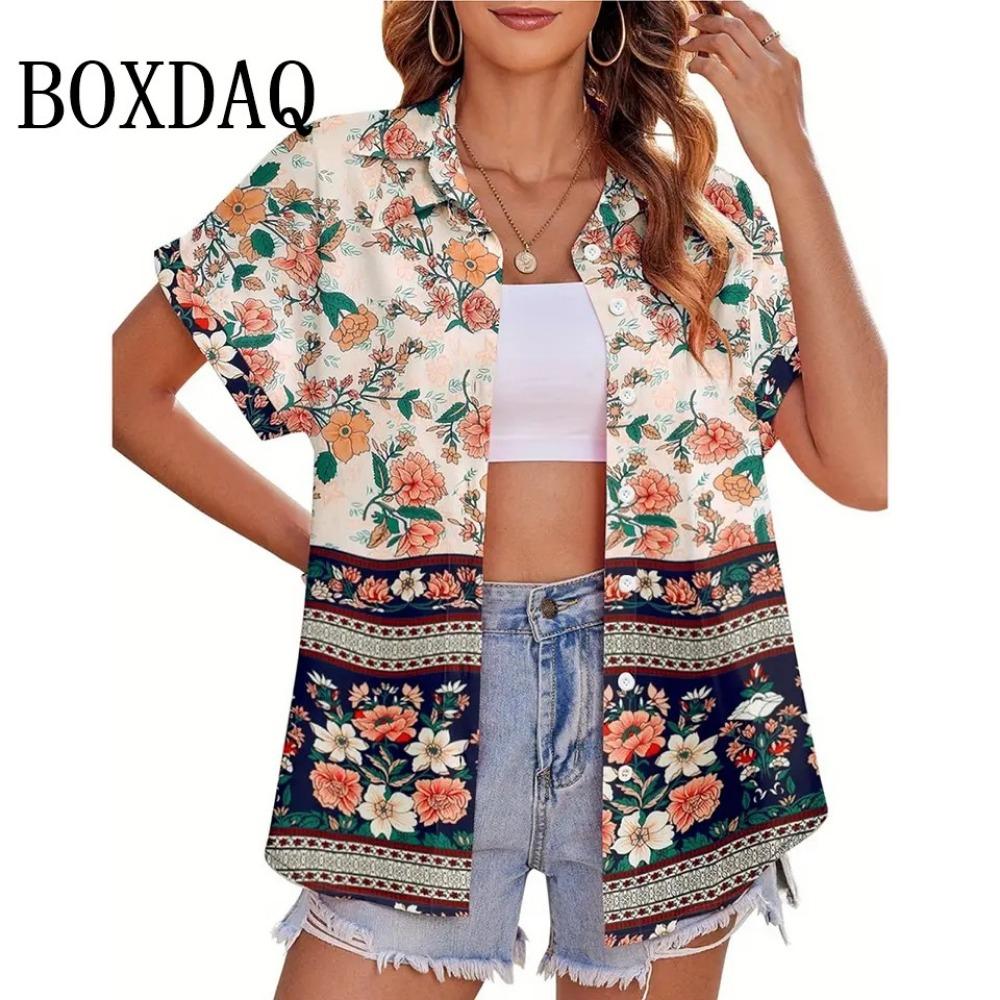 

Summer Blouses Vintage Floral Print Short Sleeve Shirts For Women Casual Beach Hawaiian Vacation Lapel Shirt For Women Clothing S