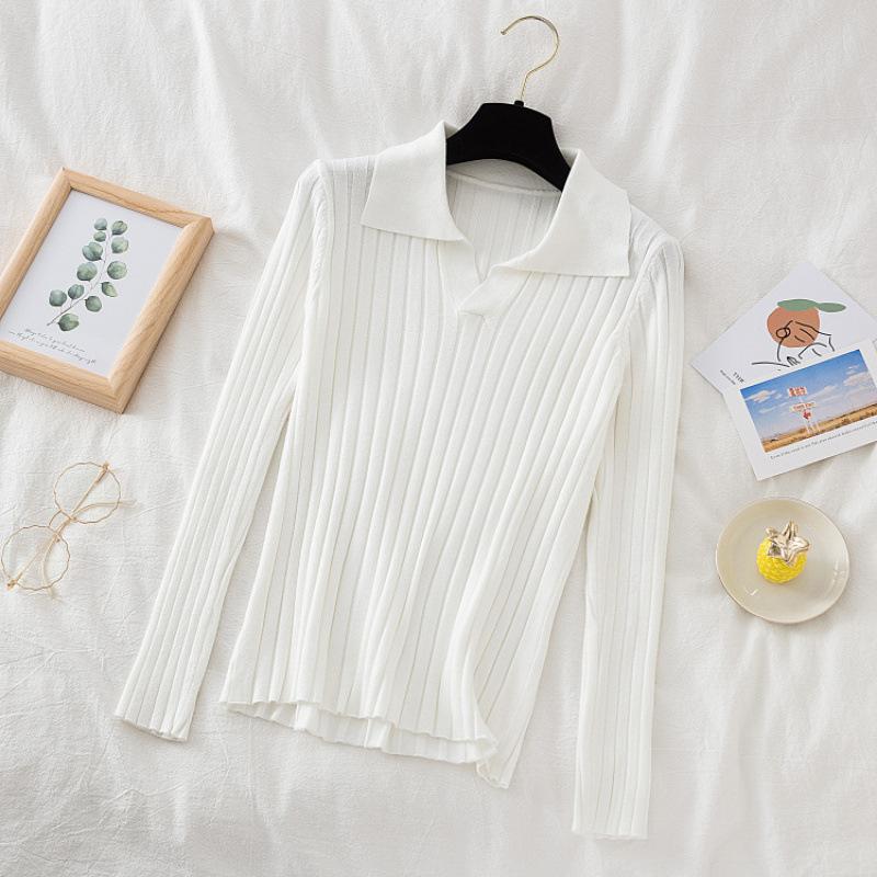 

Autumn and winter new pit strip lapel pullover women s long-sleeved slim-fit short knitted bottoming shirt top One Size белый