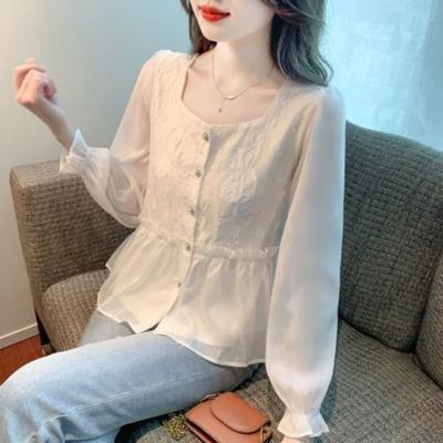 Casual Square Collar Blouse Chic Pearl Single-breasted Sweet Female Clothing Solid Color All-match Summer Spliced Chiffon Shirt
