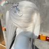Silberfarbene Spitze Front Perücke 13x4 Lang Gerade Weiße Spitze Front Perücke Hochtemperaturfasern Synthetische Spitze Front Frontal Cosplay Perücken