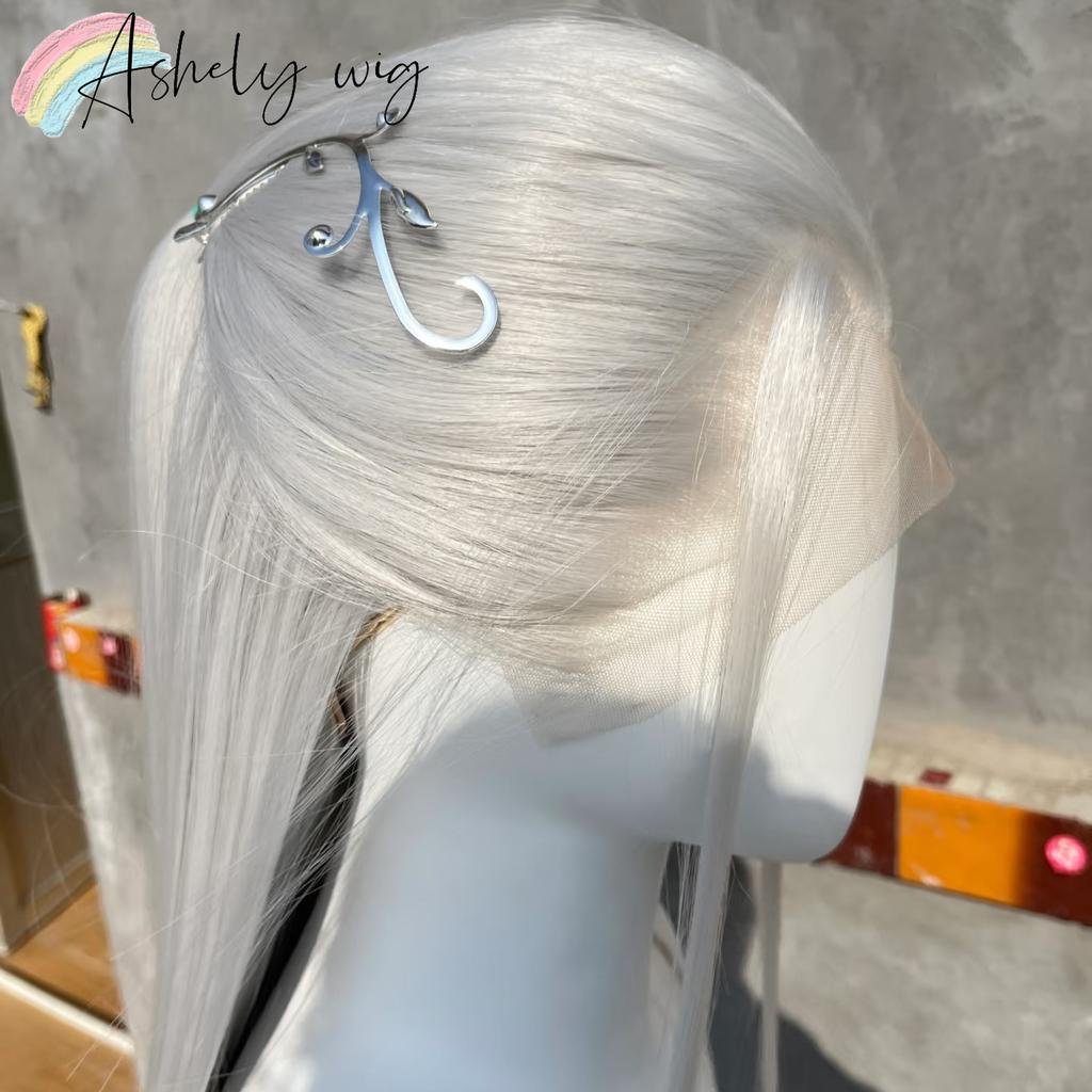 Silberfarbene Spitze Front Perücke 13x4 Lang Gerade Weiße Spitze Front Perücke Hochtemperaturfasern Synthetische Spitze Front Frontal Cosplay Perücken