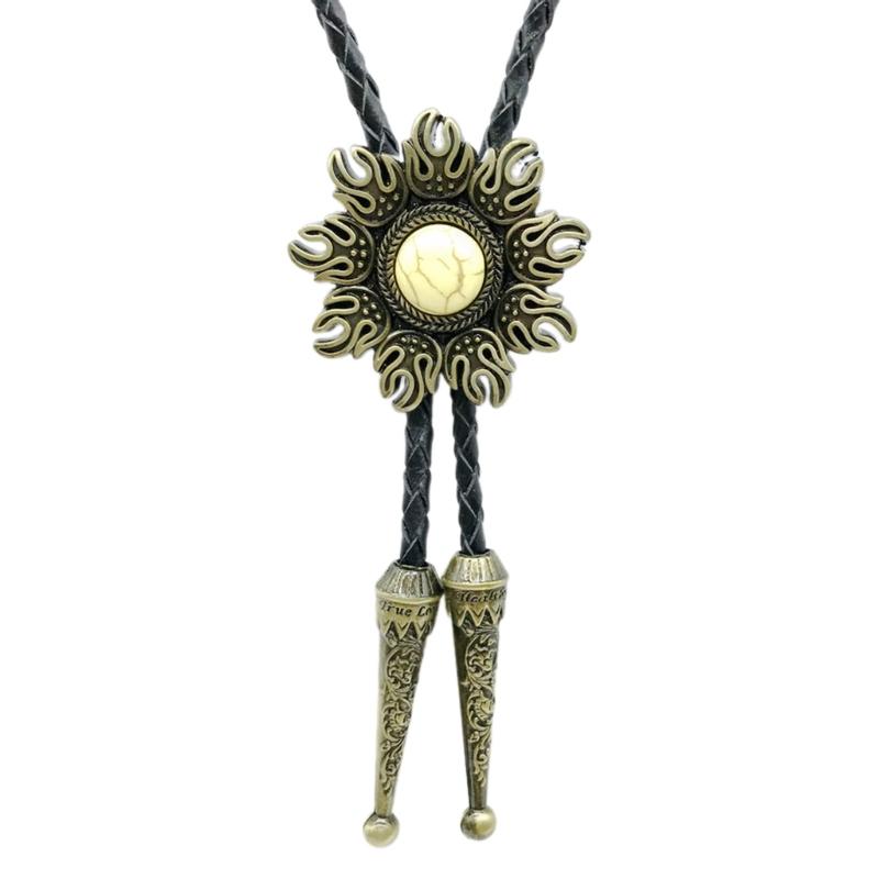 

Bolo Tie Necktie Artificial Leather Braided Rope Necklace with Sun Shape Stone Pendant Jewelry Cowboy American Neckwear