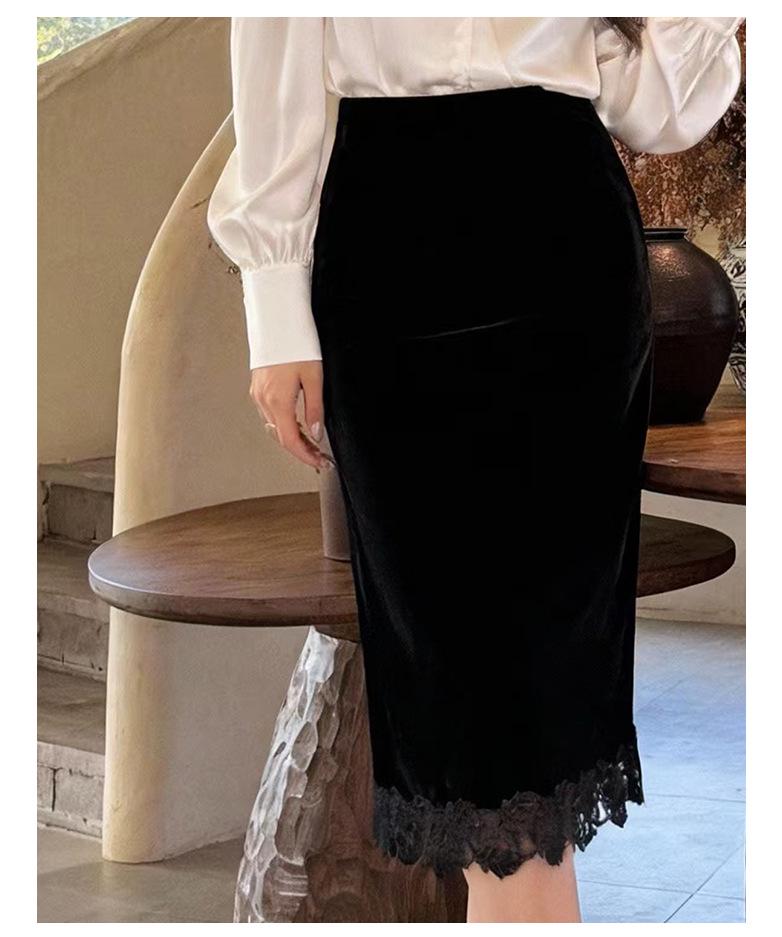 Rongtai Women's Textured Velour Embroidered Lace Hem Bodycon A-line Skirt 2026.