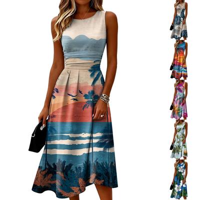 Sleeveless Casual Midi Dress Women Round Neck Summer Dress with Printed Design Pleated Waistline Relaxed Fit Sundress