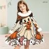 Girls High Neck Long Sleeve Furry Trim Printed Witch Frog Pattern A Line Flared Dress