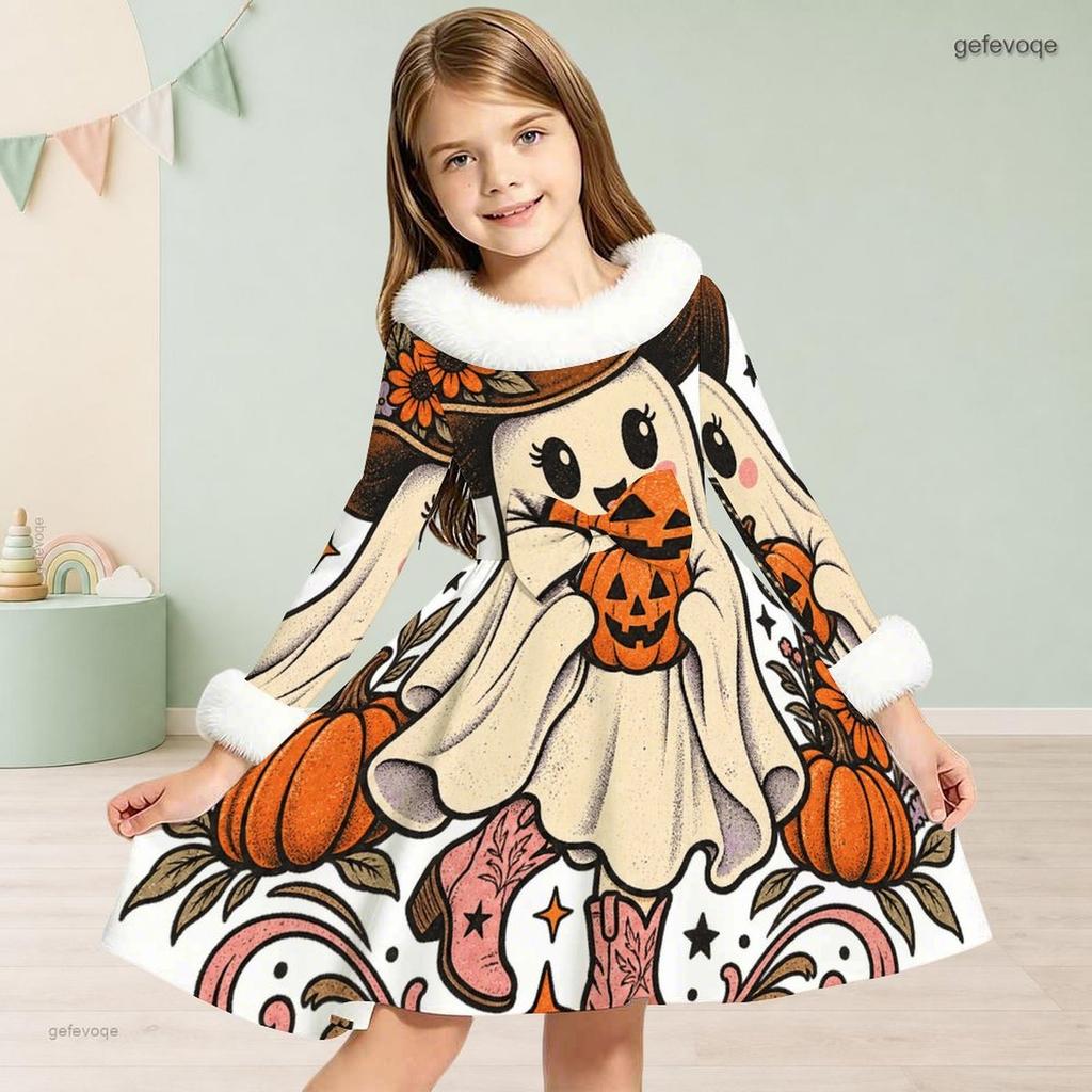 Girls High Neck Long Sleeve Furry Trim Printed Witch Frog Pattern A Line Flared Dress