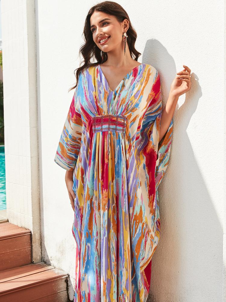 EDOLYNSA Plus size kaftan boêmio multicolorido verão longo vestido de praia feminino roupa de casa roupa de banho cobrir solto caftan
