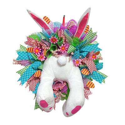 Electric Easter Bunny Wreaths for Front Door Handmade Easter Rabbit Mesh Bow Garland Plush Bunny Butt Door Ornament