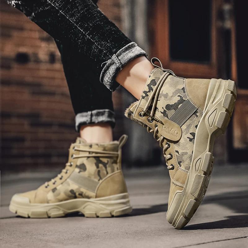 Men Snow Boots Qishki Issiq Ipli Yangi Erkaklar To'pig'igacha Moda Plush Qishki Botinkalar To'pig'igacha Kamuflyaj Botinkalar Erkaklar uchun Zapatillas De Hombre